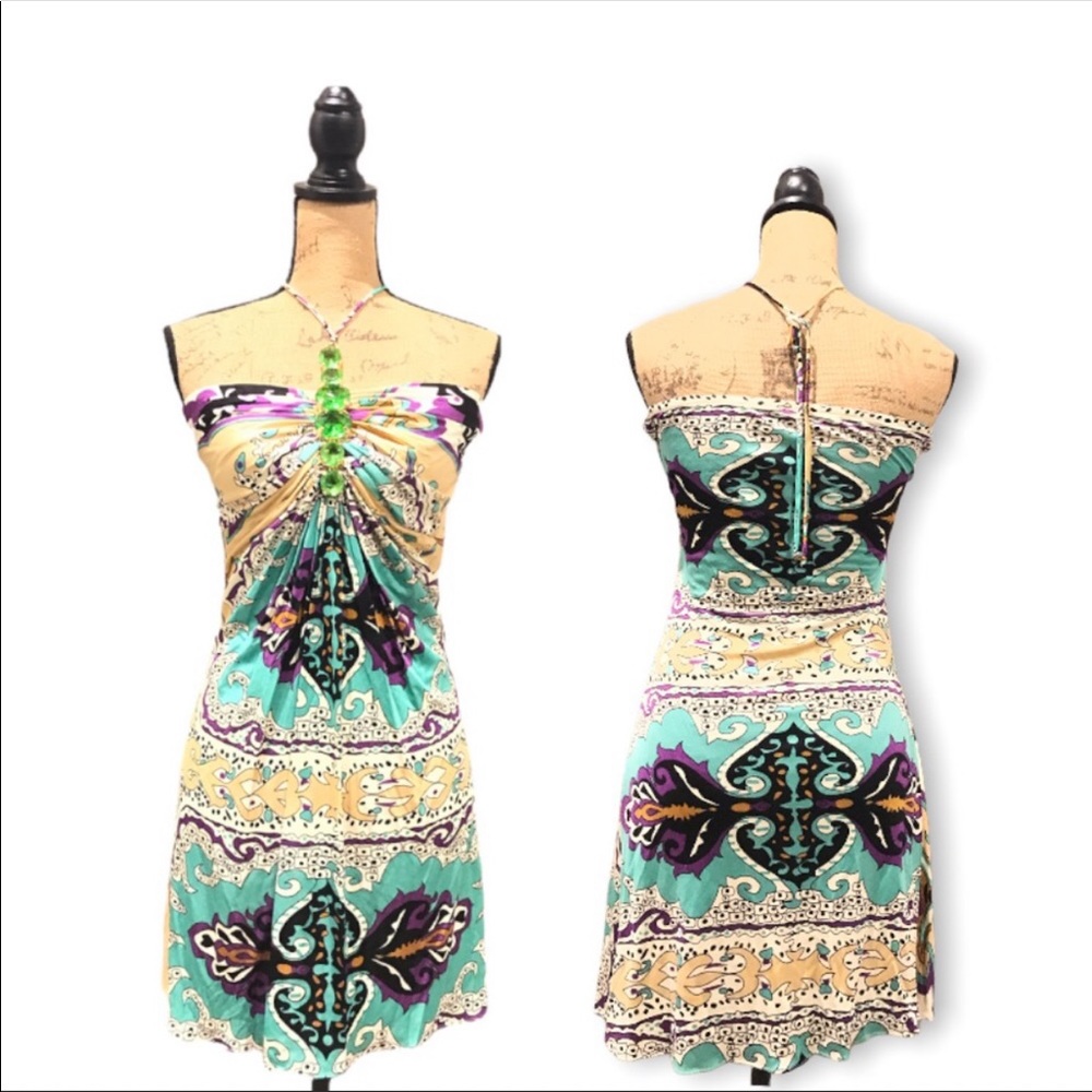 Sky Strapless Mint, Black & Cream Boho Mini Dress